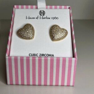House of Harlow 1960 Big Heart CZ Stud Earrings – Gold Tone (NIB)